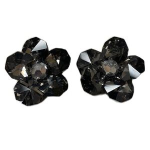 Vintage Black And Silver Acrylic Floral Earrings Sparkly Clip Ons Unmarked